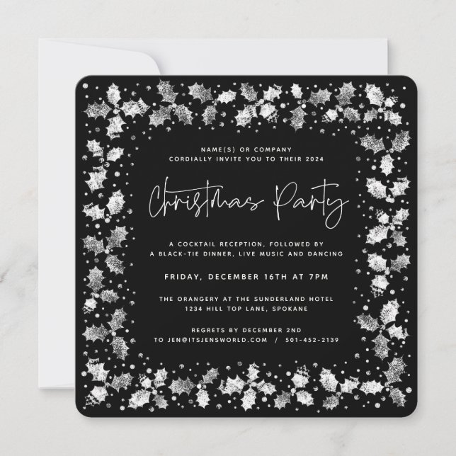Schwarz-Hand-Druck Holly+Berries Weihnachts-Party Einladung (Vorderseite)