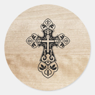 Schwarz-Heiliges Christliches Kreuzholzstickerchen Runder Aufkleber