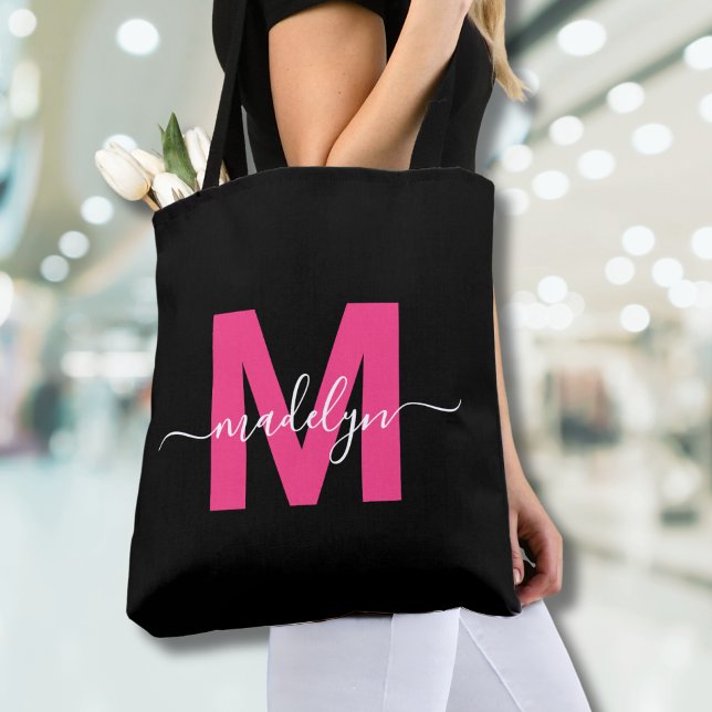 Schwarz Heiß rosa Modern Script Name Monogram Tasche (Black Hot Pink Modern Script Name Monogram Tote Bag)