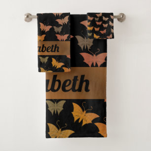 schwarz hell, glänzend, Schmetterlinge, exklusives Badhandtuch Set