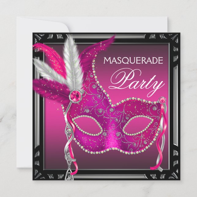 Schwarz-Hot-Pink-Maske Hot-Pink-Maskerade Party Einladung (Vorderseite)