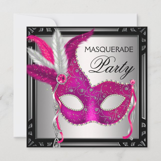 Schwarz-Hot-Pink-Maske Hot-Pink-Maskerade Party Einladung (Vorderseite)