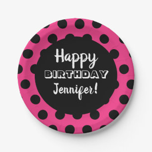 Schwarz & Hot Pink Polka Dot Custom Birthday Pappteller