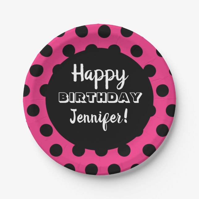 Schwarz & Hot Pink Polka Dot Custom Birthday Pappteller (Vorderseite)