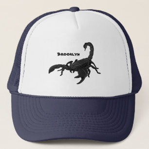Schwarz-hungriges Skorpion Cartoon Illustration Truckerkappe