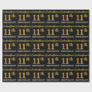 Schwarz, Imitat-Gold "11. GEBURTSTAG" Geschenkpapier
