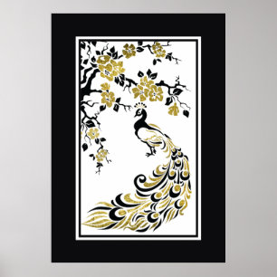 Schwarz, Imitat, Goldfolie Pfau und Kirschblüten Poster