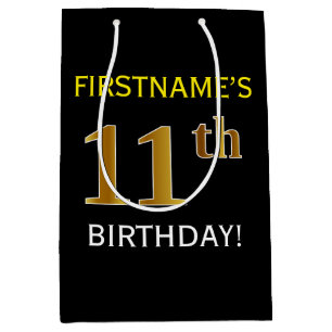 Schwarz, Imitate Gold 11. Geburtstag + Individuell Mittlere Geschenktüte