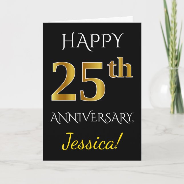 Schwarz, Imitate Gold 25. Hochzeitstag + Name Karte (Vorderseite)