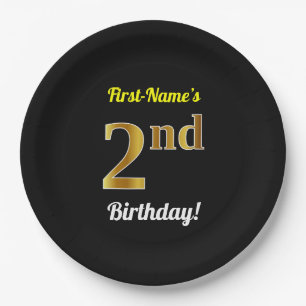 Schwarz, Imitate Gold 2. Geburtstag + Individuelle Pappteller