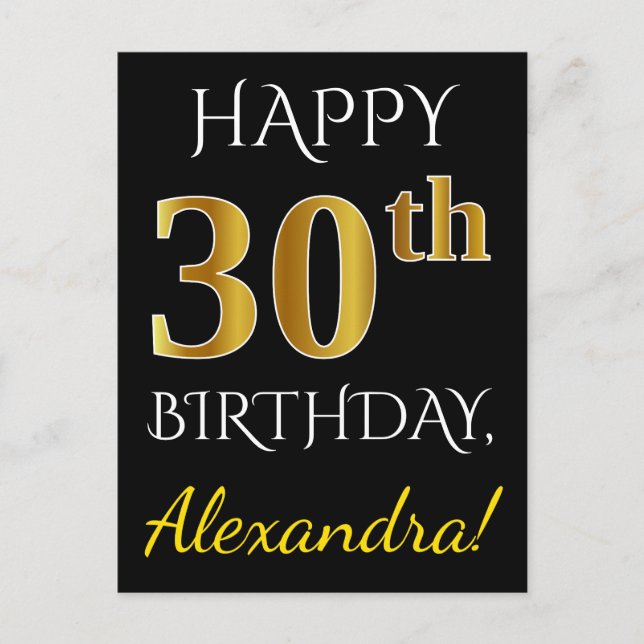 Schwarz, Imitate Gold 30. Geburtstag + Individuell Postkarte (Vorderseite)