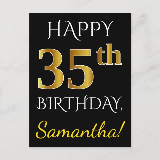 Schwarz, Imitate Gold 35. Geburtstag + Individuell Postkarte (Vorderseite)