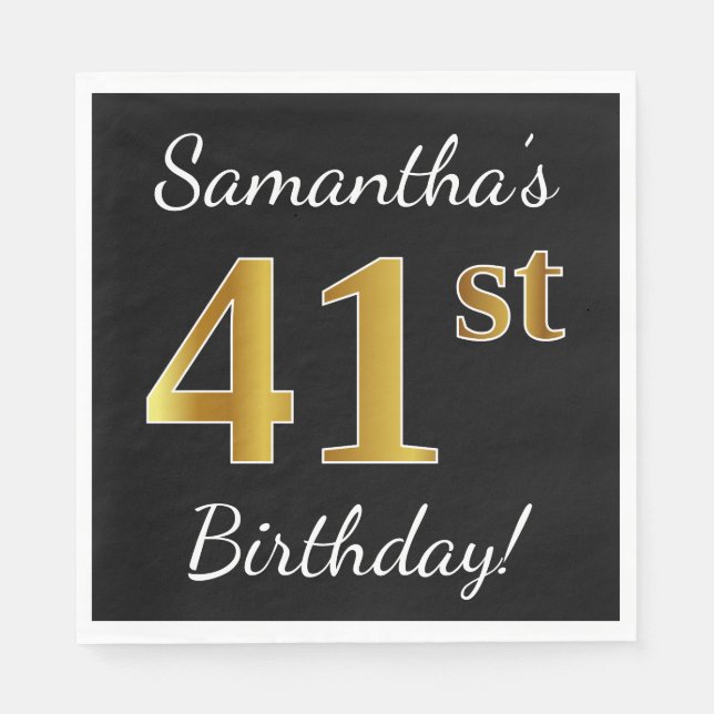 Schwarz, Imitate Gold 41. Geburtstag + Individuell Serviette (Vorderseite)