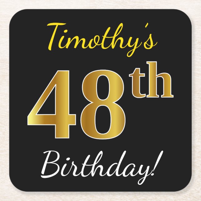 Schwarz, Imitate Gold 48. Geburtstag + Individuell Rechteckiger Pappuntersetzer (Vorderseite)