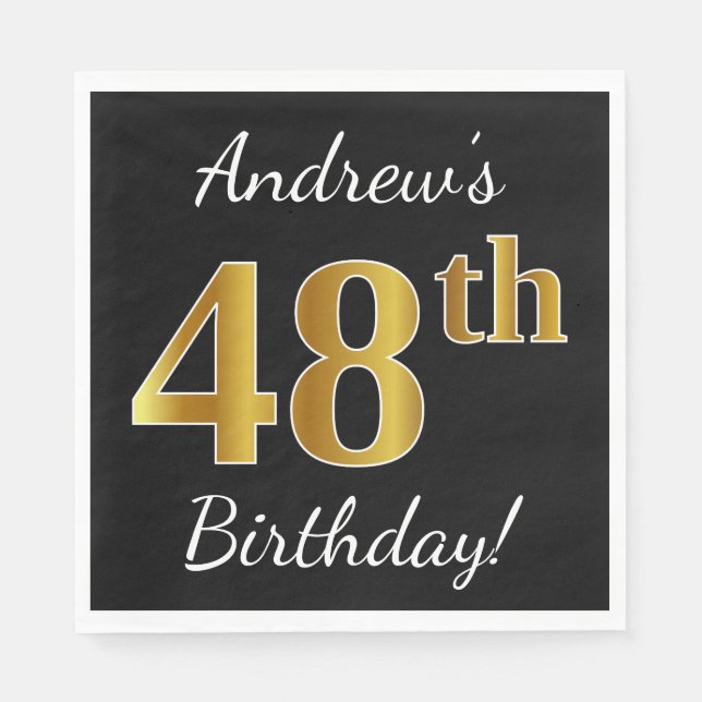 Schwarz, Imitate Gold 48. Geburtstag + Individuell Serviette (Vorderseite)