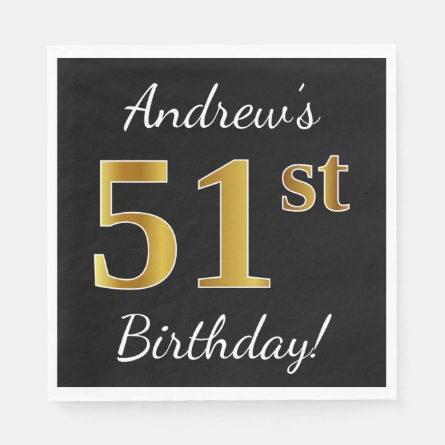 Schwarz, Imitate Gold 51. Geburtstag + Individuell Serviette (Vorderseite)