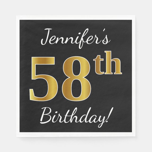 Schwarz, Imitate Gold 58. Geburtstag + Individuell Serviette (Vorderseite)
