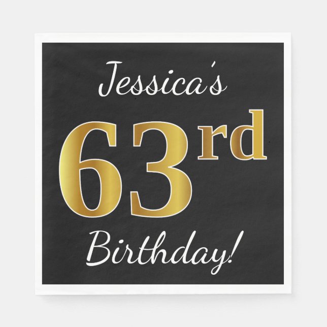 Schwarz, Imitate Gold 63. Geburtstag + Individuell Serviette (Vorderseite)