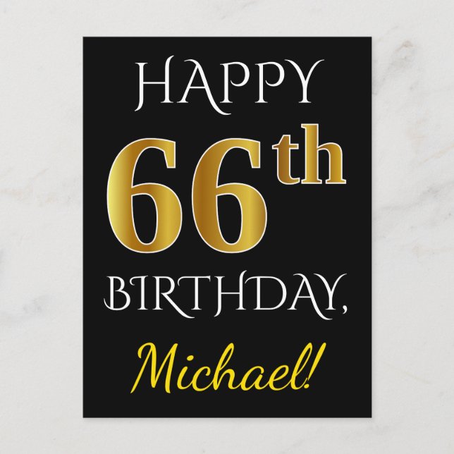 Schwarz, Imitate Gold 66. Geburtstag + Individuell Postkarte (Vorderseite)