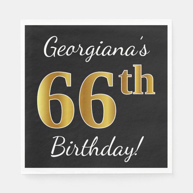 Schwarz, Imitate Gold 66. Geburtstag + Individuell Serviette (Vorderseite)