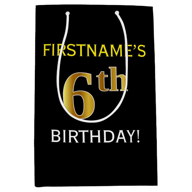Schwarz, Imitate Gold 6. Geburtstag + Individuelle Mittlere Geschenktüte (Vorderseite)