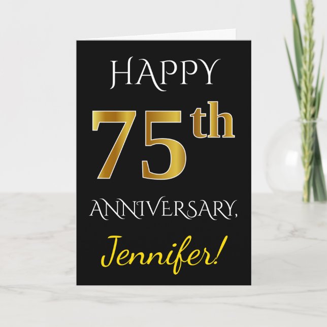 Schwarz, Imitate Gold 75th Wedding Anniversary + N Karte (Vorderseite)