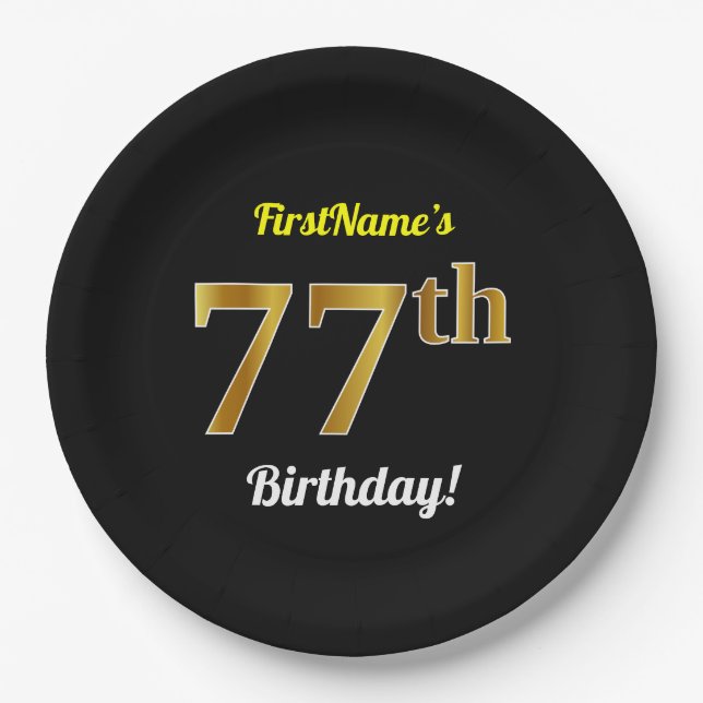 Schwarz, Imitate Gold 77. Geburtstag + Individuell Pappteller (Vorderseite)
