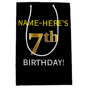 Schwarz, Imitate Gold 7. Geburtstag + Individuelle Mittlere Geschenktüte