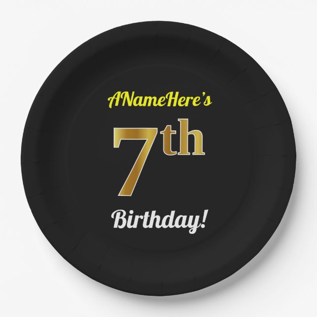 Schwarz, Imitate Gold 7. Geburtstag + Individuelle Pappteller (Vorderseite)