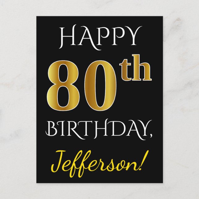 Schwarz, Imitate Gold 80. Geburtstag + Individuell Postkarte (Vorderseite)