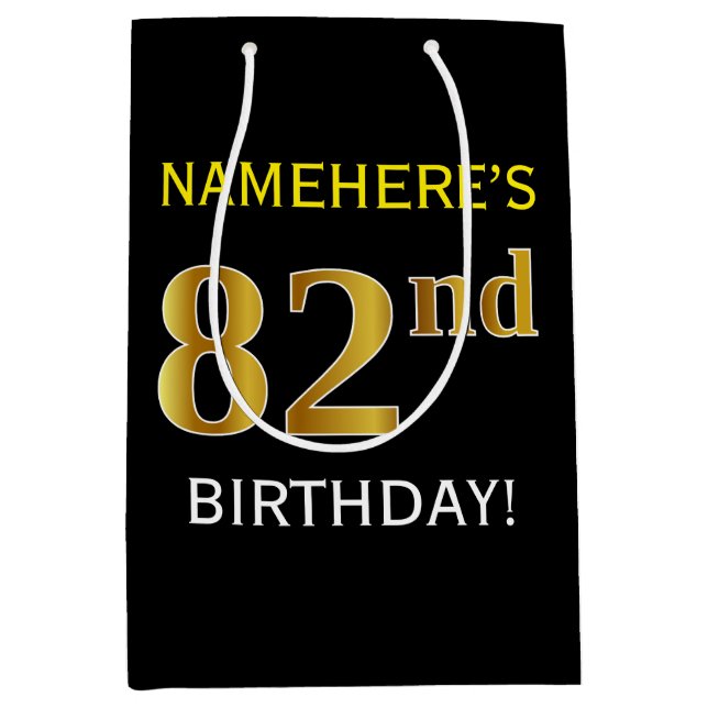 Schwarz, Imitate Gold 82. Geburtstag + Individuell Mittlere Geschenktüte (Vorderseite)