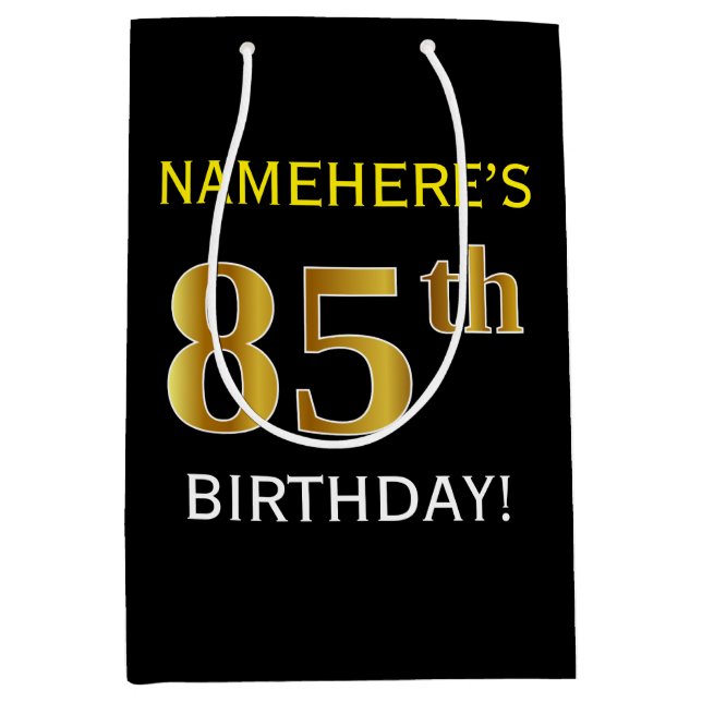 Schwarz, Imitate Gold 85. Geburtstag + Individuell Mittlere Geschenktüte (Vorderseite)