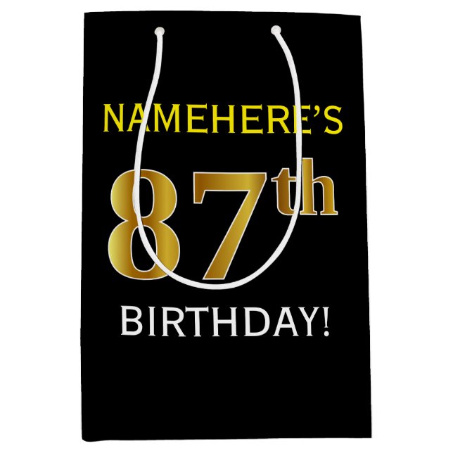 Schwarz, Imitate Gold 87. Geburtstag + Individuell Mittlere Geschenktüte (Vorderseite)