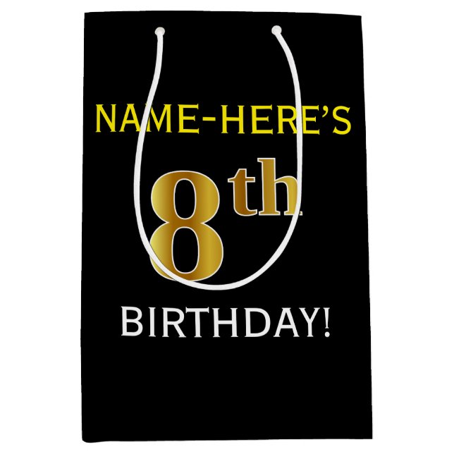 Schwarz, Imitate Gold 8. Geburtstag + Individuelle Mittlere Geschenktüte (Vorderseite)