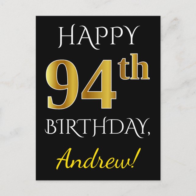 Schwarz, Imitate Gold 94. Geburtstag + Individuell Postkarte (Vorderseite)