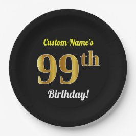Schwarz, Imitate Gold 99. Geburtstag + Individuell Pappteller