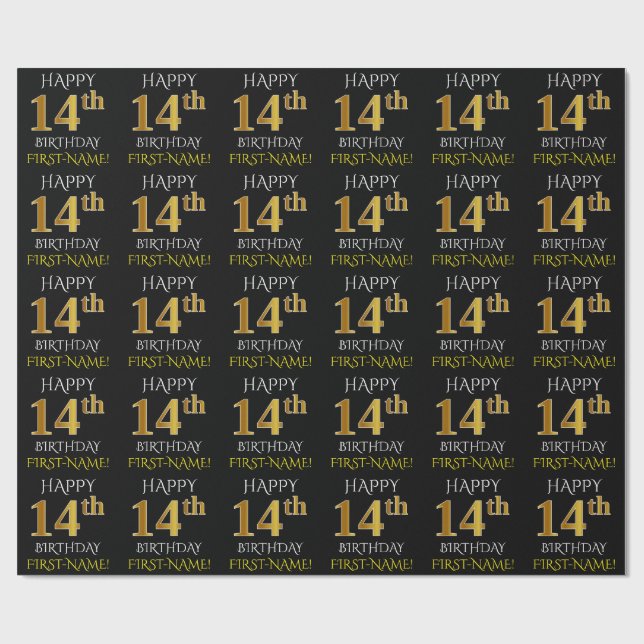 Schwarz, Imitate Gold "HAPPY 14. BIRTHDAY" Geschenkpapier (Flach)