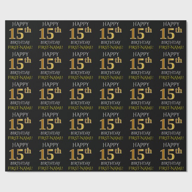 Schwarz, Imitate Gold "HAPPY 15. BIRTHDAY" Geschenkpapier (Flach)