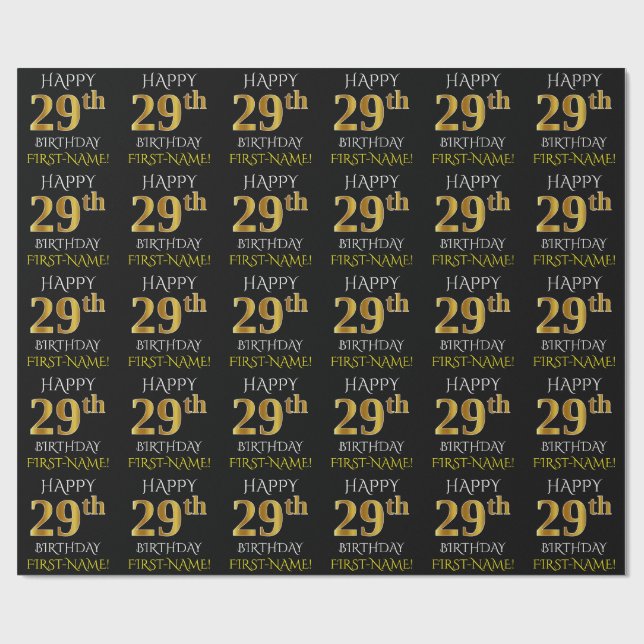 Schwarz, Imitate Gold "HAPPY 29. BIRTHDAY" Geschenkpapier (Flach)