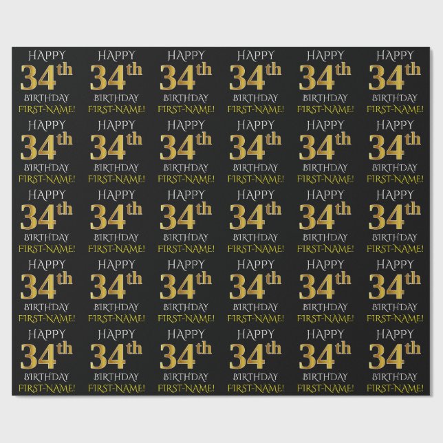 Schwarz, Imitate Gold "HAPPY 34. BIRTHDAY" Geschenkpapier (Flach)