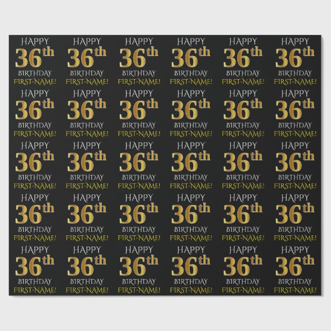 Schwarz, Imitate Gold "HAPPY 36. BIRTHDAY" Geschenkpapier (Flach)