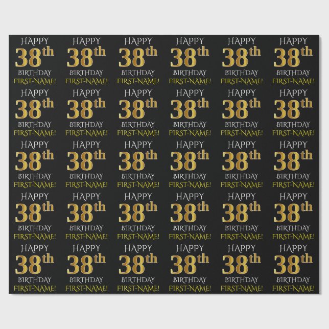 Schwarz, Imitate Gold "HAPPY 38. BIRTHDAY" Geschenkpapier (Flach)