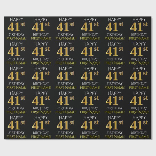 Schwarz, Imitate Gold "HAPPY 41. BIRTHDAY" Geschenkpapier (Flach)