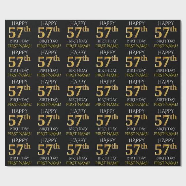 Schwarz, Imitate Gold "HAPPY 57. BIRTHDAY" Geschenkpapier (Flach)