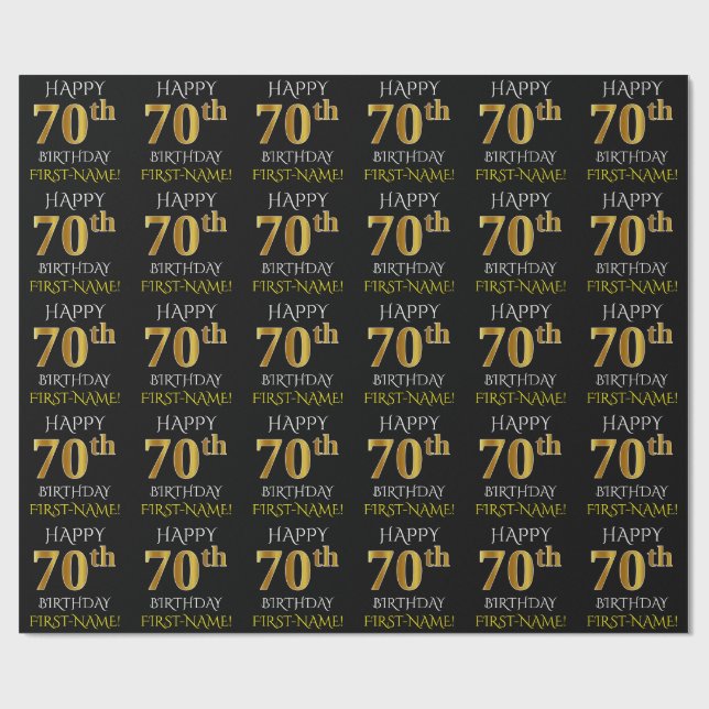 Schwarz, Imitate Gold "HAPPY 70. BIRTHDAY" Geschenkpapier (Flach)