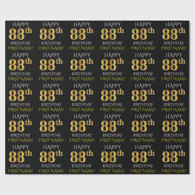 Schwarz, Imitate Gold "HAPPY 88. BIRTHDAY" Geschenkpapier (Flach)