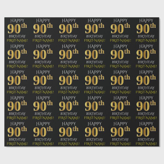 Schwarz, Imitate Gold "HAPPY 90. BIRTHDAY" Geschenkpapier (Flach)