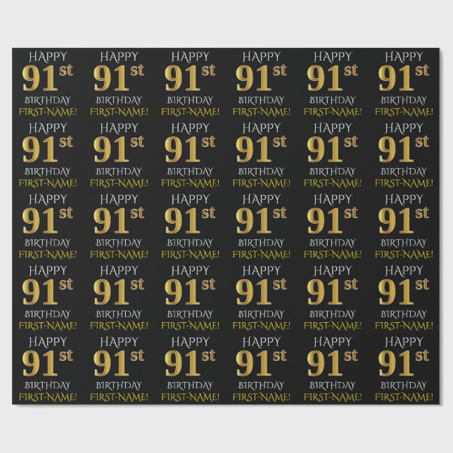 Schwarz, Imitate Gold "HAPPY 91. BIRTHDAY" Geschenkpapier (Flach)