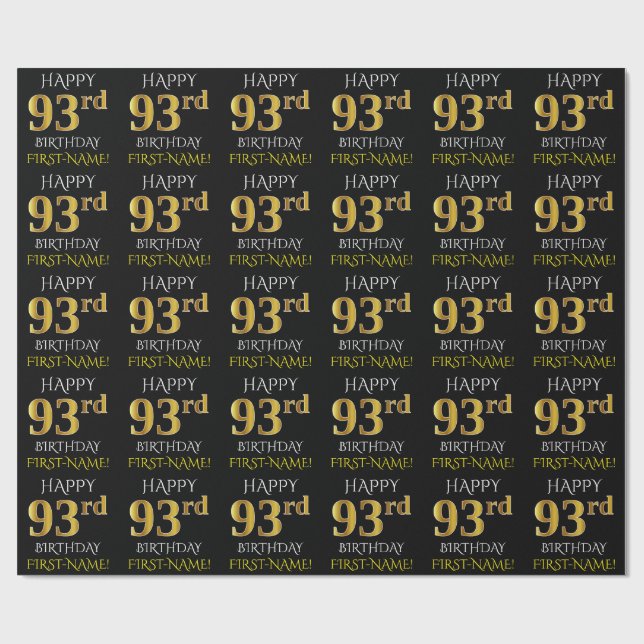 Schwarz, Imitate Gold "HAPPY 93. BIRTHDAY" Geschenkpapier (Flach)