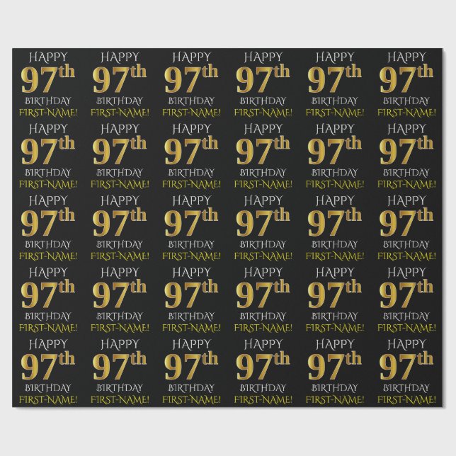 Schwarz, Imitate Gold "HAPPY 97. BIRTHDAY" Geschenkpapier (Flach)